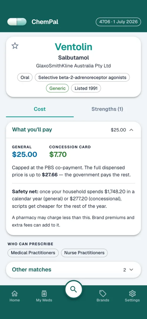 ChemPal medicine detail for Ventolin showing prescribing information