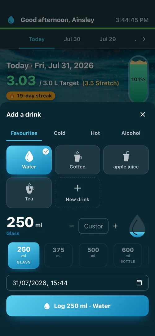 Fluid Tracker add-a-drink sheet with drink type and amount