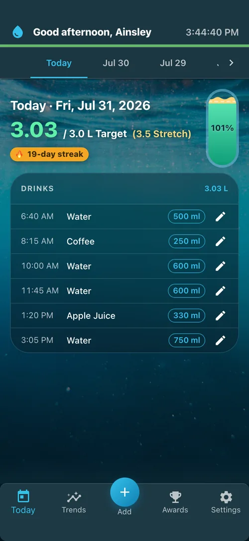 Fluid Tracker home screen showing the daily hydration gauge and drink log